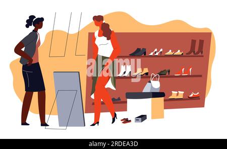 Female character trying on new shoes in shopping mall. Consumer looking for comfortable and attractive clothes and accessories. Boutique for women wit Stock Vector