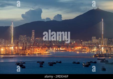 Hong Kong container port and Tsing Yi bridge, Hong Kong, China. Stock Photo