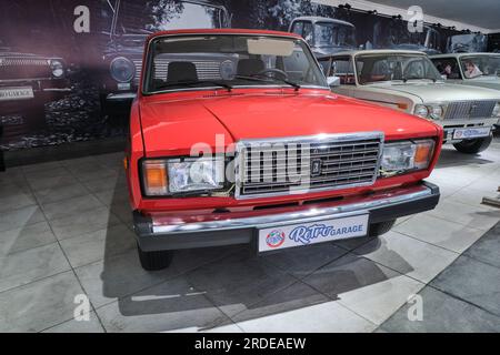 A view of a 1980's red Lada Riva sedan, Nova, Signet, model VAZ-2107. At the Retro Garage Car Museum of vintage automobiles in Shymkent, Kazakhstan. Stock Photo
