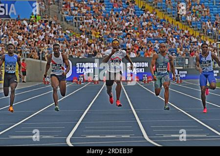 Akani Simbine (RSA) wins the 100m in 9.97 during the Skolimowska Memorial, Sunday, July 16, 2023, in Chorzow, Poland. From left: Cravont Charleston (USA), Fred Kerley (USA), Simbini and Marvin Bracy-Williams (USA). (Jiro Mochizuki/Image of Sport) Stock Photo