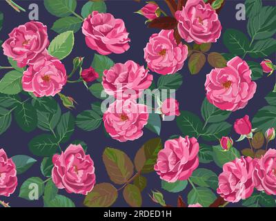 Peonies and roses in bloom, flourishing flowers with leaves. Pink bouquets with foliage and stems. Decorative seamless pattern, background or print fo Stock Vector