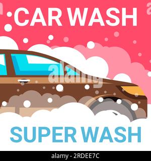 Vehicle maintenance and care, car wash using special detergents and products for gentle cleansing. Transport in bubbly water, polishing automobile in Stock Vector