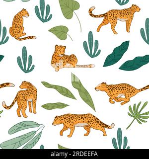 Predator animals laying and sitting, hunting and running. Leopards in natural habitat, seamless pattern with big cats, feline creatures. Wildlife flor Stock Vector