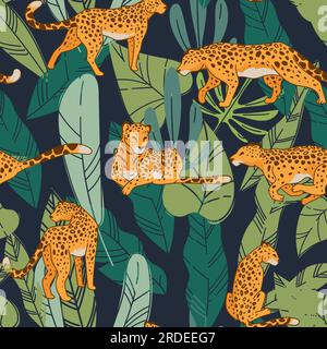 Leopard with spots on fur, cheetah or predator with foliage and leaves of natural habitat. Animal in motion or rest seamless pattern. Wildlife backgro Stock Vector