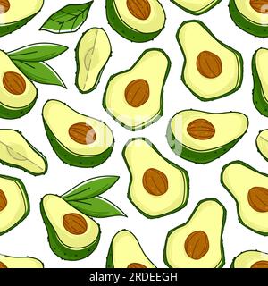 Tasty ripe avocado fruit with seeds and leaves, seamless pattern or organic and natural product. Ingredient for dishes and cooking. Background or prin Stock Vector