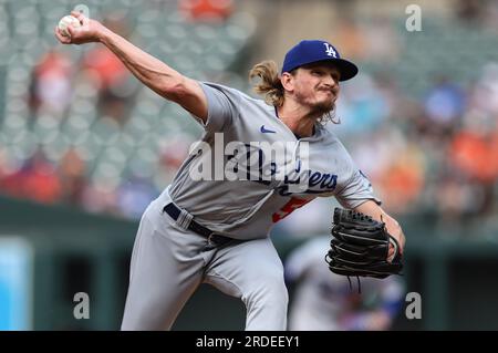 Baltimore, United States. 19th July, 2023. Baltimore Orioles' Pitcher Dean  Kremer (64) returns to the mound in the top of the second inning against  the Los Angeles Dodgers on July 19th 2023