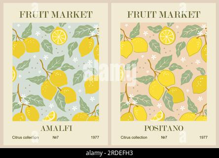 Set of abstract Fruit Market retro posters vector. Stock Vector