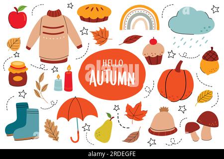Autumn element collection set flat color style. Autumn season icon. Stock Vector