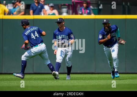 Seattle Mariners Teoscar Hernandez swings through while batting against the  Colorado Rockies during the third inning of a baseball game, Friday, April  14, 2023, in Seattle. (AP Photo/John Froschauer Stock Photo - Alamy