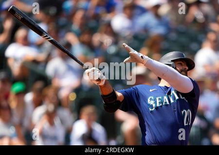 Seattle Mariners' Mike Ford walks through the dugout with a trident after  hitting a solo home run during the ninth inning of a baseball game against  the Los Angeles Angels Friday, June