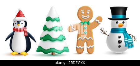 Christmas characters vector set design. Christmas characters penguin, ginger bread and snowman for holiday seasonal elements and decoration in white Stock Vector