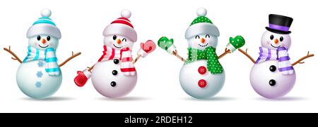 Christmas snowman character set vector design. Snow man character wearing scarf, hat and glove costume isolated in white background. Vector Stock Vector