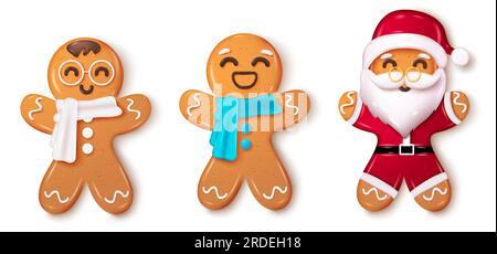 Christmas ginger bread vector set design. Ginger bread cookies, pastry, dessert and biscuit with scarf and santa claus decoration. Vector illustration Stock Vector