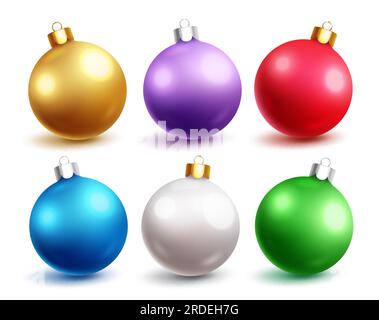 Christmas balls vector set design. Christmas ball elements in metallic, shiny, colorful and glossy seasonal ornament. Vector illustration bauble Stock Vector