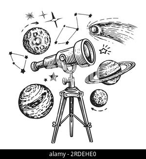 Telescope and stars, planets. Astronomy, space exploration concept. Sketch illustration vintage engraving style Stock Photo