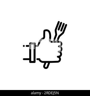 A good food icon. A hand with the thumb raised up and a fork in the hands. Simple linear vector illustration on a white background. Stock Vector