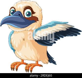 A cartoon illustration of a cute Kookaburra bird standing with one wing open, isolated on white illustration Stock Vector