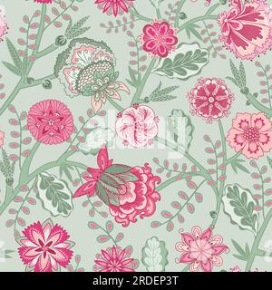 Fantasy flowers seamless pattern. Indian floral style. Chintz fabric, retro, vintage. Stock Vector