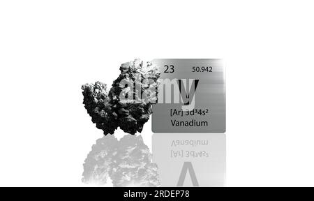 Vanadium element on a metal periodic table with silvery grey metamictic Vanadium on white background. 3D rendered icon and illustration. Stock Photo