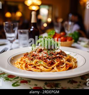 a delicious dish of homemade spaguetti bolognese on a plate on a table in an italian restaurant Stock Photo