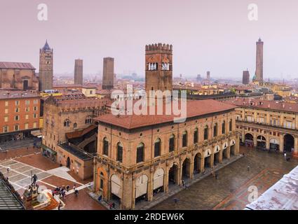 Bologna Italy; rooftops view of the towers at sunset, looking over the Piazza Maggiore, Bologna Emilia-Romagna, Italy Europe. Stock Photo