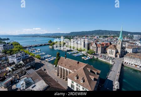 View over the old town of Zurich with the river Limmat and Lake Zurich, Fraumuenster church and Muensterbruecke, from the tower of the Grossmuenster Stock Photo