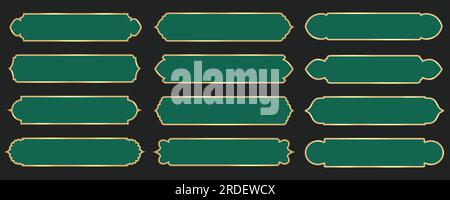 Ramadan window frame shapes. Islamic golden ribbons for text. Muslim mosque panel elements with ornament. Turkish tags set. Vector Stock Vector