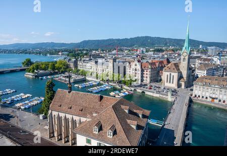View over the old town of Zurich with river Limmat, church Fraumuenster and Muensterbruecke, from the tower of the Grossmuenster, Zurich old town Stock Photo
