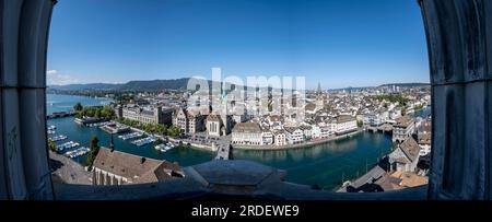 Panorama, view over the old town of Zurich with river Limmat, church Fraumuenster and Muensterbruecke, from the tower of the Grossmuenster, Zurich Stock Photo