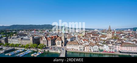 Panorama, view over the old town of Zurich with river Limmat, church Fraumuenster and Muensterbruecke, from the tower of the Grossmuenster, Zurich Stock Photo