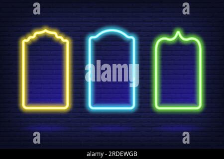 Ramadan islamic frame. Vector neon arch shape on dark background. Muslim door and window. Arabian bright template set. Stock Vector