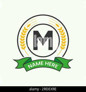 Agriculture Logo On Letter M Concept. Agro Farming Logotype for Bakery, Bread, Cake, Cafe, Pastry Identity Stock Vector