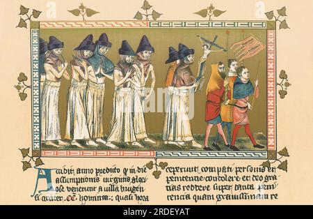 Belgium: Flagellants at Doornik (Tournai) seeking relief from the Black Death. Miniature painting from the Chronicle of Aegidius li Muisis by Pierart dou Tielt (fl. 1340-1360), c. 1353.  The Black Death was one of the most devastating pandemics in human history, peaking in Europe between 1348 and 1350. Of several competing theories, the dominant explanation for the Black Death is the plague theory, which attributes the outbreak to the bacterium Yersinia pestis.  Thought to have started in China, it travelled along the Silk Road and reached the Crimea by 1346. Stock Photo