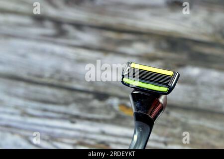 Six blade razor system with trimmer, smooth shaving with a patented six-blade shaving platform, double lubricating strips moisturizing the skin to eff Stock Photo