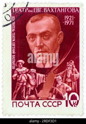 Yevgeny Vakhtangov (1883 – 1922). Postage stamp issued in the USSR in 1971. Yevgeny Bagrationovich Vakhtangov (also spelled Evgeny or Eugene; Russian: Евге́ний Багратио́нович Вахта́нгов; 1883 – 1922) was a Russian-Armenian actor and theatre director who founded the Vakhtangov Theatre. He was a friend and mentor of Michael Chekhov. He is known for his distinctive style of theatre, his most notable production being Princess Turandot in 1922. Stock Photo