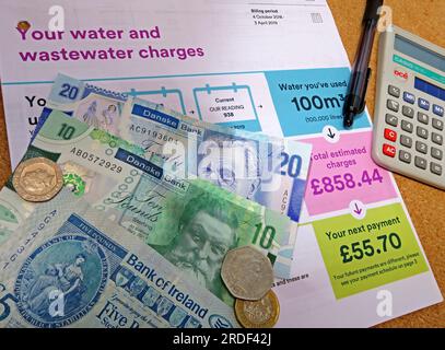 Household bill costs, water, rates etc in Northern Ireland, Sterling notes, coins, increased poverty caused by inflation Stock Photo