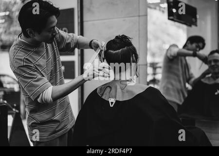 A Japanese barber cuts the hair of a man client at a barbershop. Stock Photo