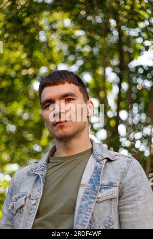 Portrait of man in denim jacket Stock Photo