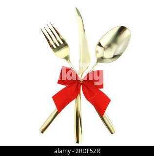 Christmas and Valentines table. Gold cutlery tied with red ribbon bow isolated on white Stock Photo