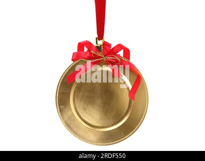 Christmas Greeting card template. Empty gold plate and red ribbon isolated on white Stock Photo