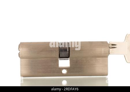 One core metal lock with key, macro, isolated on white background Stock ...