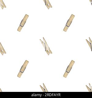 Seamless pattern with wooden clothespins on a white background. Watercolor illustration. Suitable for the design of postcards, invitations, wallpaper Stock Photo
