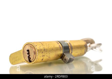 One core metal lock with key, macro, isolated on white background Stock ...