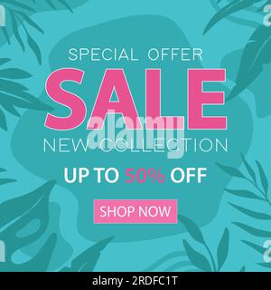 Sale tropical website square banner template. Summer Sale tag. Sale promotional material vector illustration. Stock Vector