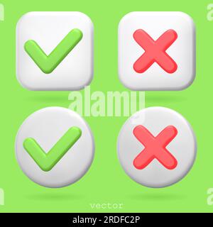3D vector correct and incorrect sign or check mark box frame with green tick and red cross symbols. Yes or no 3d icons round buttons. 3d minimalist st Stock Vector
