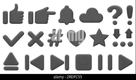 3D symbols and signs. Like, heart, question mark, star, play button, arrows. For web pages, mobile applications, social media. 3D vector icons isolate Stock Vector