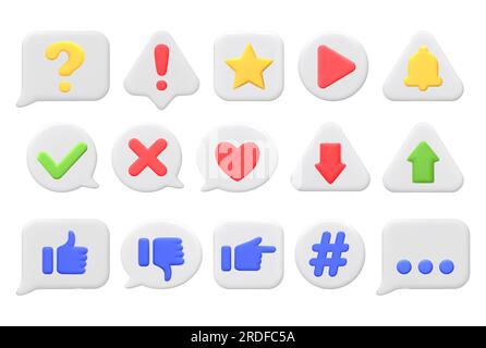 3D symbols and signs on white speech bubbles and shapes. Like, heart, question mark, star, play button, arrows. Icons for web design, mobile apps, soc Stock Vector