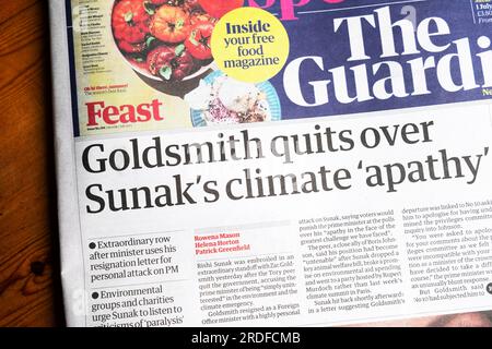 Zac 'Goldsmith quits over Sunak 's climate 'apathy' Guardian newspaper headline front page climate emergency environment article 1 July 2023 London UK Stock Photo