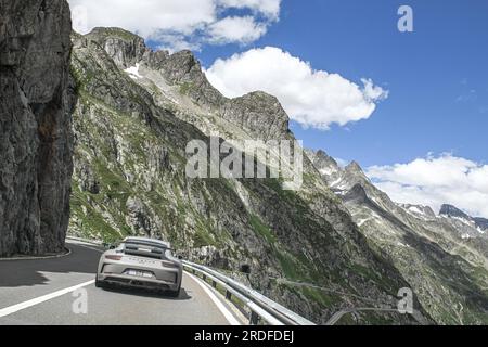 Photo with reduced saturation Porsche 911 GT3 on pass road of Sustenpass, Canton Uri, Switzerland Stock Photo