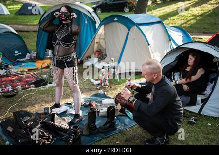 BOLKOW, POLAND - JULY 14, 2023: An unidentified participants of the Castle Party at the campsite. Castle Party is a dark independent festival. Stock Photo